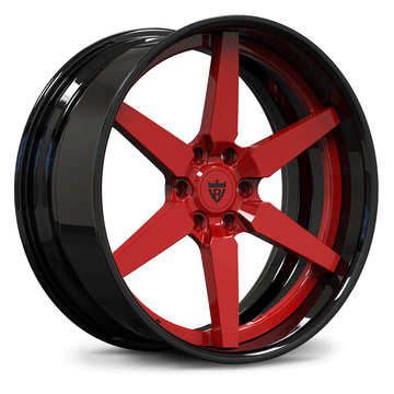 Custom forged 6-spoke truck wheel in red and black, perfect for Ford F-150 performance and style.